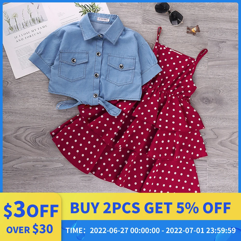 

New Baby Dresses For Kids 2022 Summer Summer Suit For Girls Layered Princess Clothes Denim Teenager Evening Party Attire 4 6 12Y