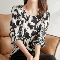 autumn new frenchblack white printing stand up collar lantern sleeve casual shirt loose and thin blouse women