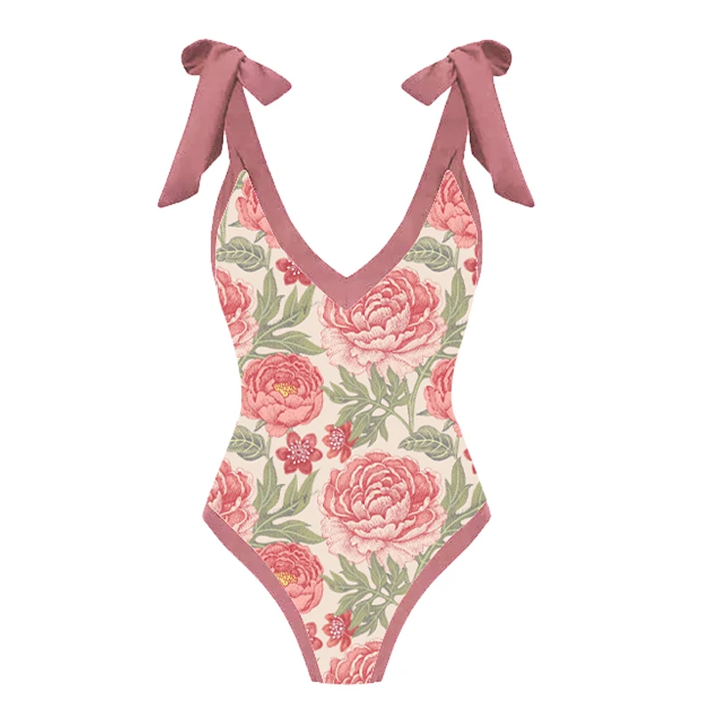 LANSWE Retro Print Deep V Peony One-Piece Swimsuit One-Piece 2023 Women Smock Swimwear Two-Piece Suit Summer Beach Wear Brazil
