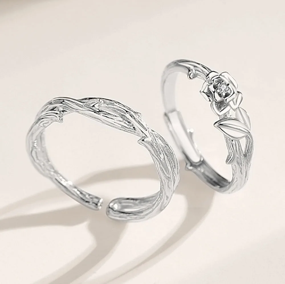 

Новинка 2022, парные кольца из стерлингового серебра 100% пробы, регулируемые обручальные кольца с шипами и розой, набор свадебных колец для пар...