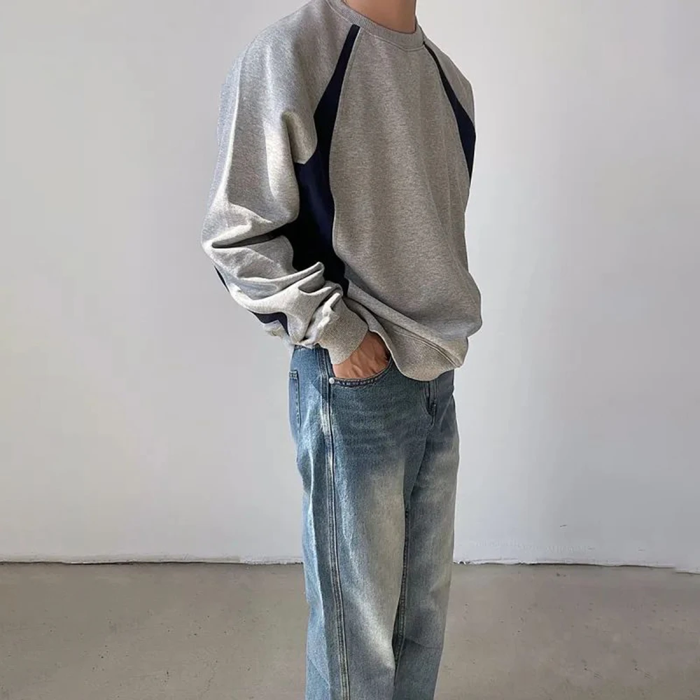 

Oversized Long Sleeve Top Men's Contrasting Stitching Design Sweater American Y2k Street Casual Loose O Neck Tops Ropa Hombre