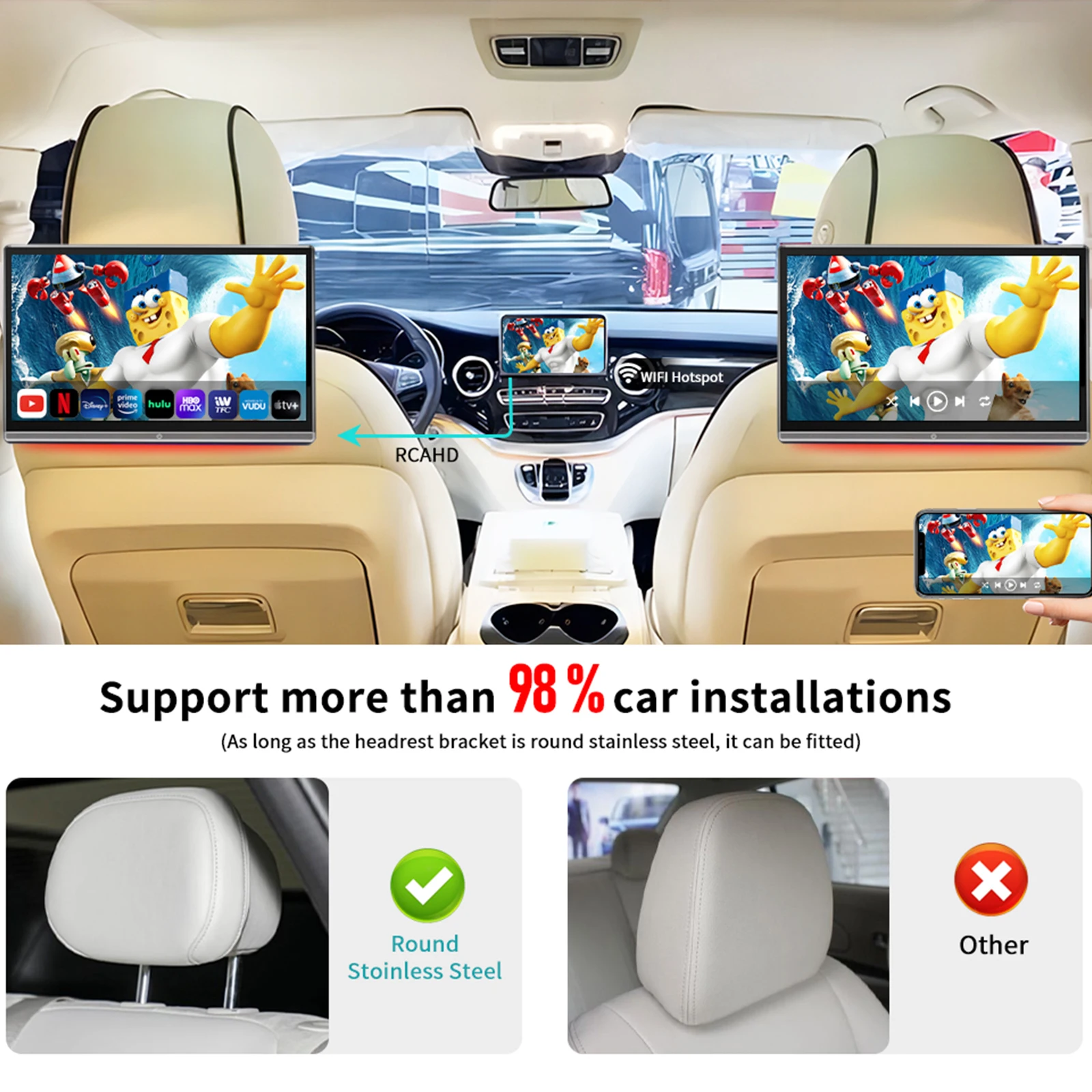 14 &quotAndroid Универсальный вращающийся монитор на подголовнике автомобиля WIFI Bluetooth