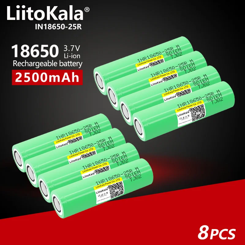 

8PCS LiitoKala 25R 18650 2500mAh 25A 3.7v rechargeable li-ion battery 25R flat/button top for Power tools/flashlights