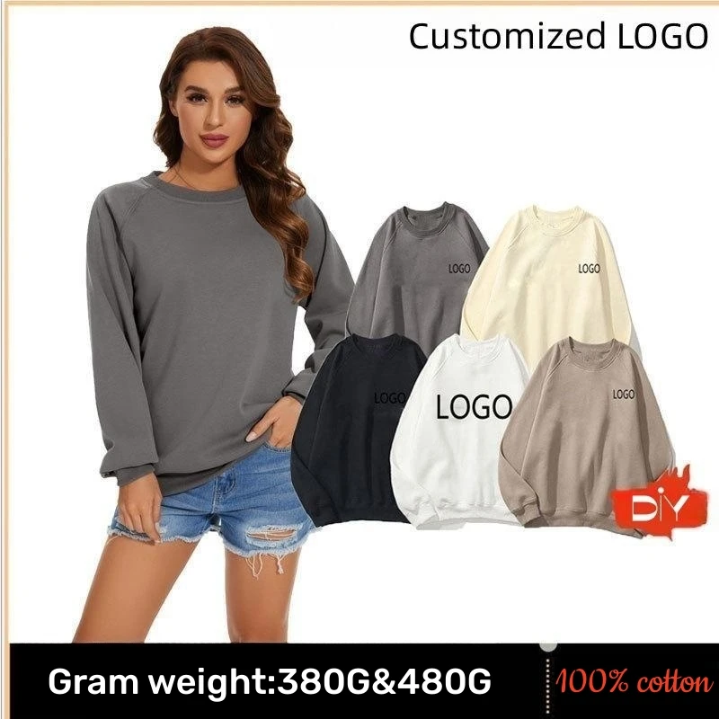 

High-end customized cotton 480G tops can be customized LOGO printing solid color round neck sweater men and women new sweater