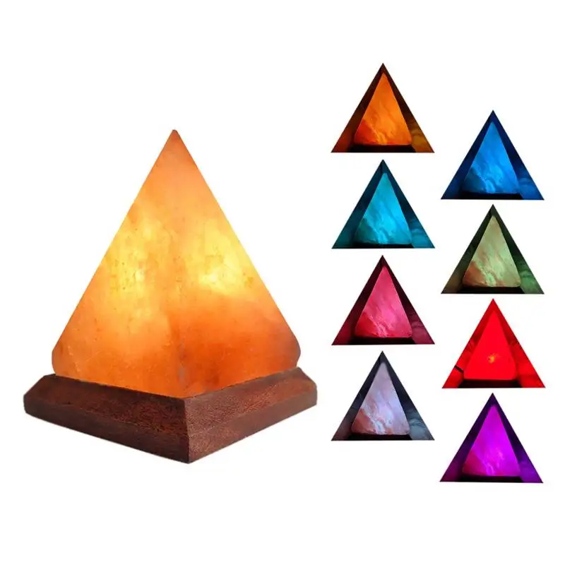

USB Himalayan Salt Lamp with 8 Colors Changing Pyramid Crystal Salt Rock Lamp for Office Home Yoga With Hand Carved Wood Base