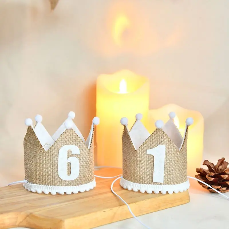 

Burlap Crown Baby Shower 1st Birthday Party Head Decors Linen Felt Crown Hat Boy Girl 1-6 Year Old Linen Headband Accessories