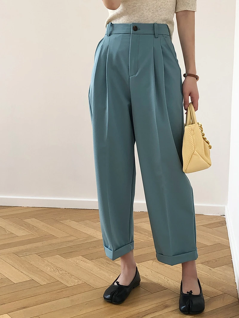 

Spring Fashion Sweet Solid Color High Waist Ankle-length Pants for Women Girl Casual Wide Leg Suit Pant Ladies Straight Trousers
