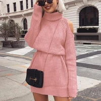 women turtleneck off shoulder knitted sweater dress autumn winter women solid slim plus size long pullovers knitting jumper 2021