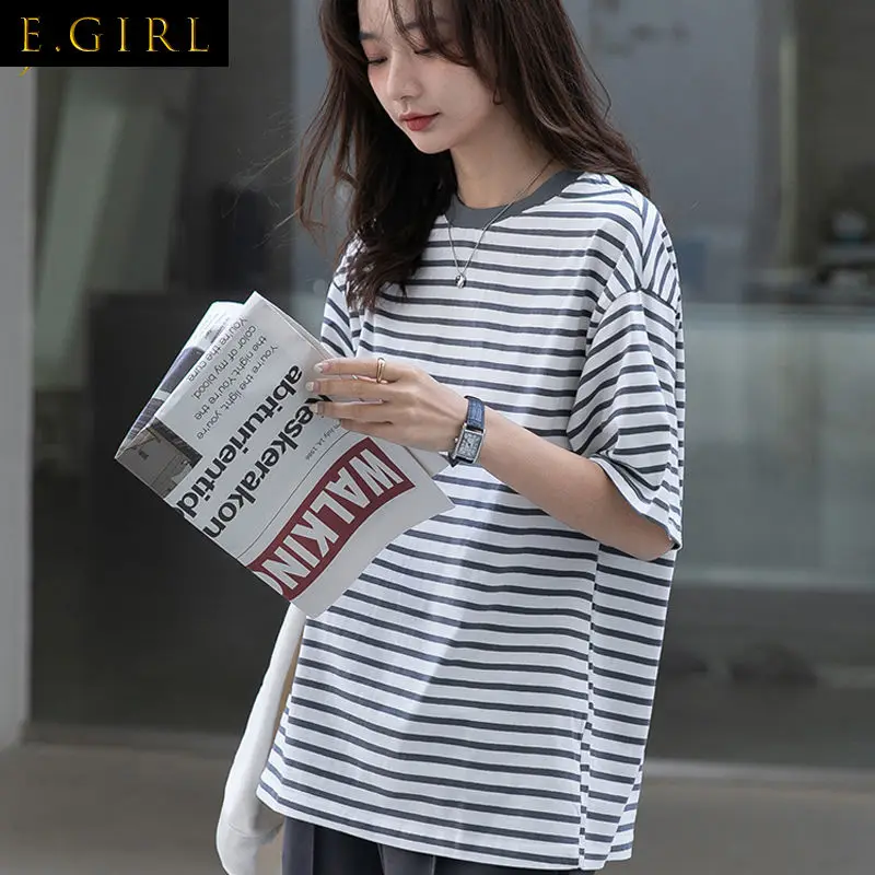 

Striped T-shirts Women Summer M-3XL Couple Teens Leisure Vintage Unisex Korean Style All-match Classic Fashion Top Femme Ulzzang