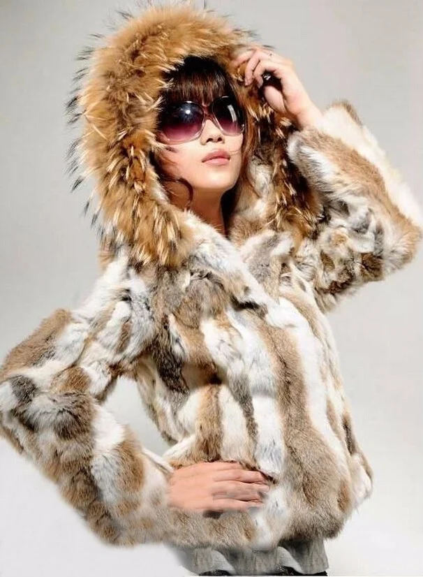 genuine New women's Real natural rabbit fur coat with raccoon fur hood lady fashion jacket outwear custom any size Free shipping