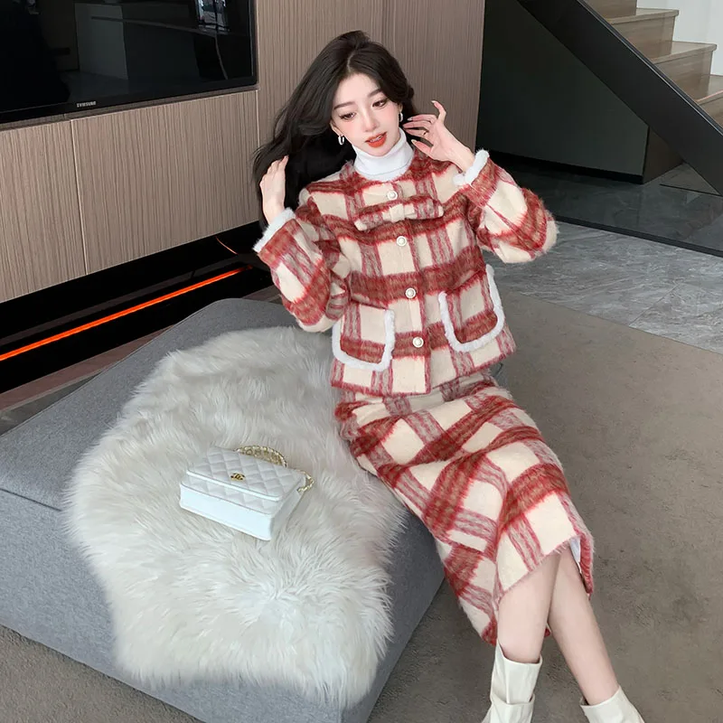 Новогодний мягкий клетчатый твидовый комплект для вечеринки из двух предметов