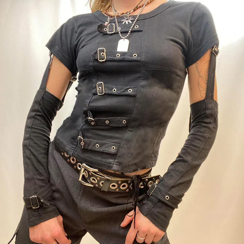

Goth Dark Grunge Streetwear Adjustable Buckle T-shirts Mall Gothic Punk Hollow Out Crop Tops Techwear Fashion Women Black Tshirt