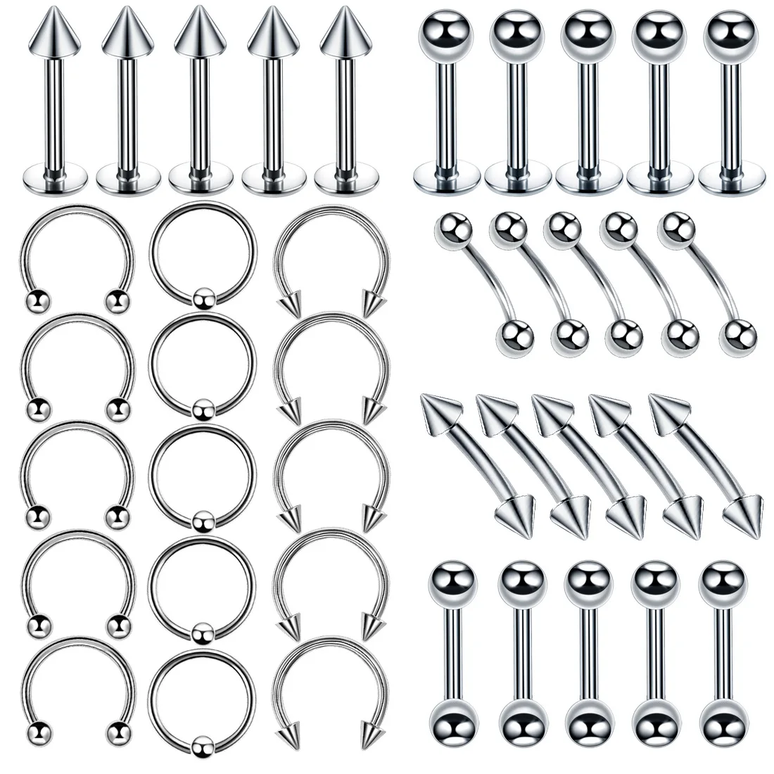 

40PCS Surgical Steel Body Piercing Jewelry Lot Bulk Nose Ring Tongue Bar Lot Eyebrow Labret Piercing Set Horseshoe Ring Lot Pac