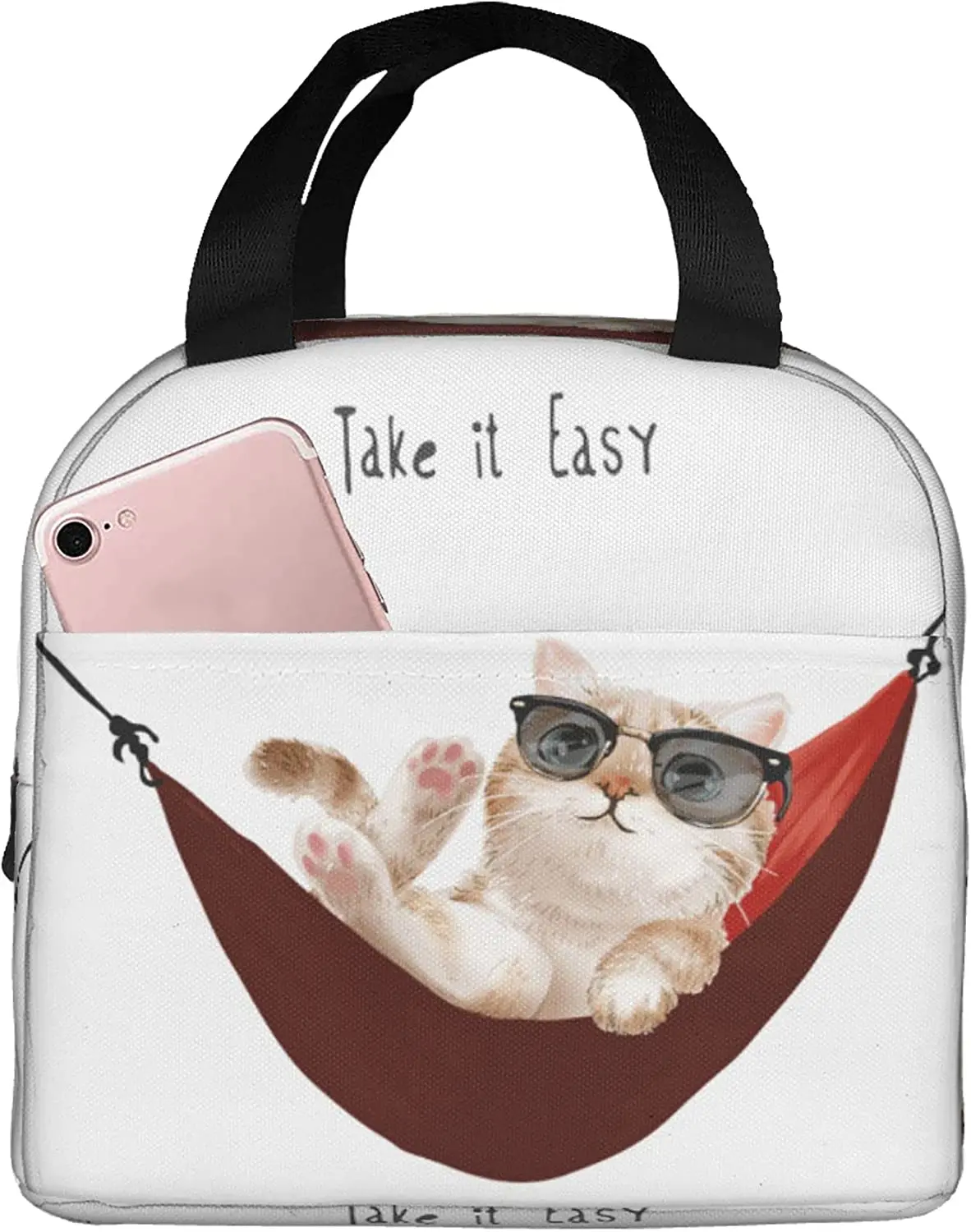 

Take It Easy Cute Cat In Sunglasses Relaxing In Red Hammock Lunch Bags Insulated Lunch Box Thermal Tote Bag for Work School