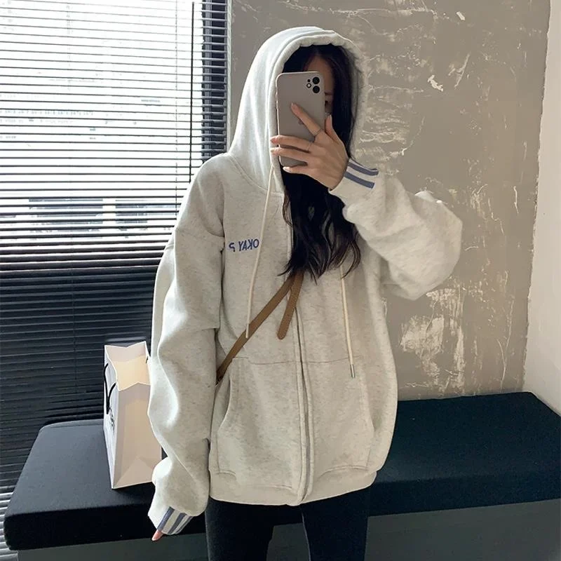 

ZOUXO Hoodies Women 2022 Spring Autumn Thin K-pop Loose Grey Hoodies Large Size Hooded Zip-up Zipper Clothes