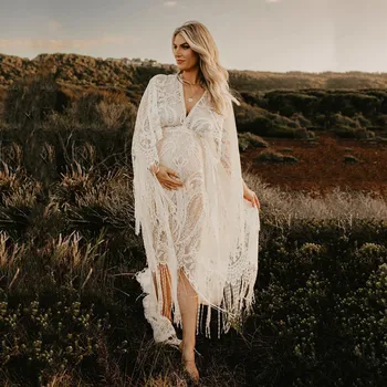 Boho Lace Maternity Photography Props Dresses Free Size Adjustable Pregnancy Photo Shoot Bohemian Long Dress Sides Slit 1