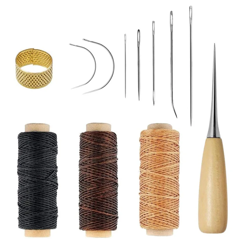 

12pcs Leather Sewing Kit with Waxed Thread Leather Needle Sewing Awl Thimble Leather Working Tools for Shoemaker Canvas Repair