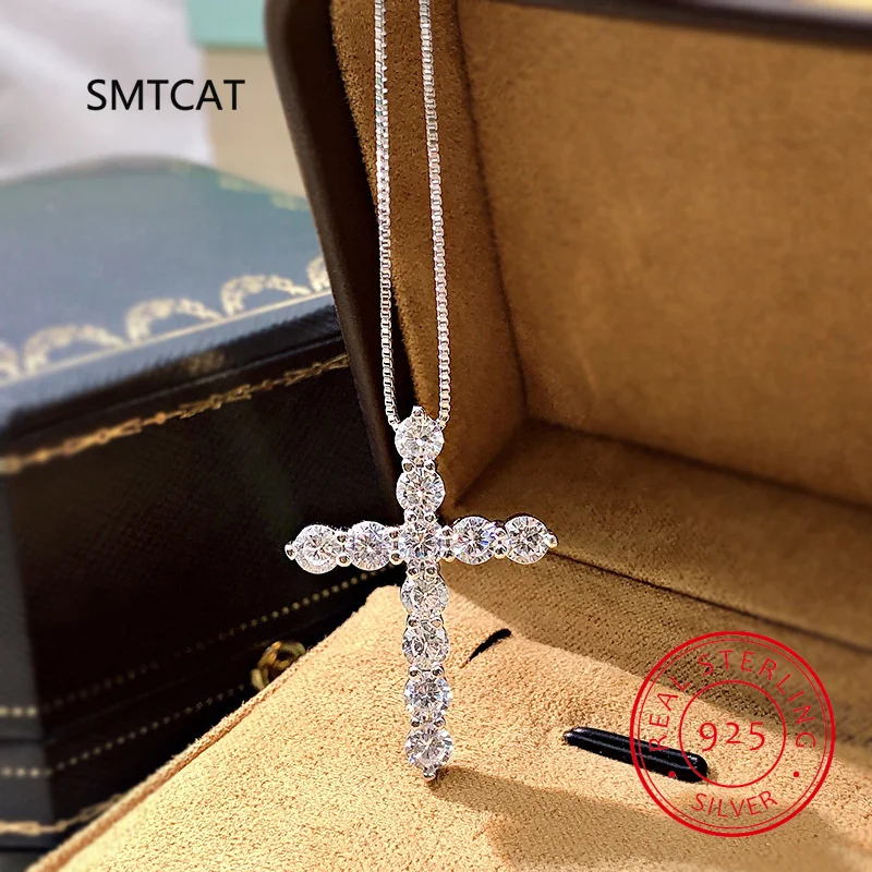 

Fashion 925 Sterling Silver Created Moissanite Anniversary Party Fine Jewelry Personality Cross Pendant Necklace Gifts