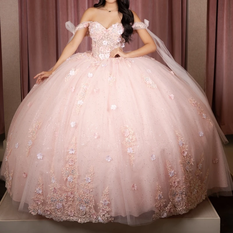 Розовые блестящие платья Quinceanera Бальное платье с открытыми плечами Аппликация 3D