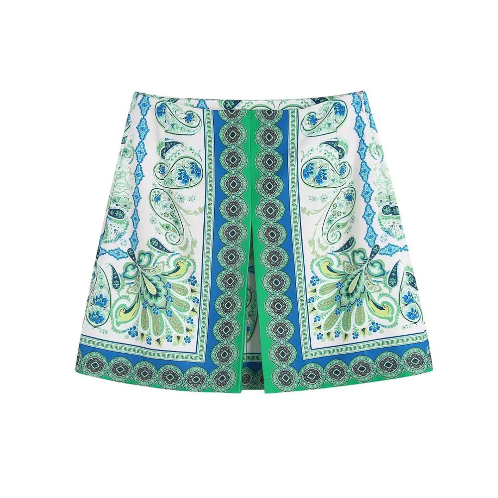 

Женская юбка с высокой талией, короткая юбка с принтом и разрезом, лето 2022