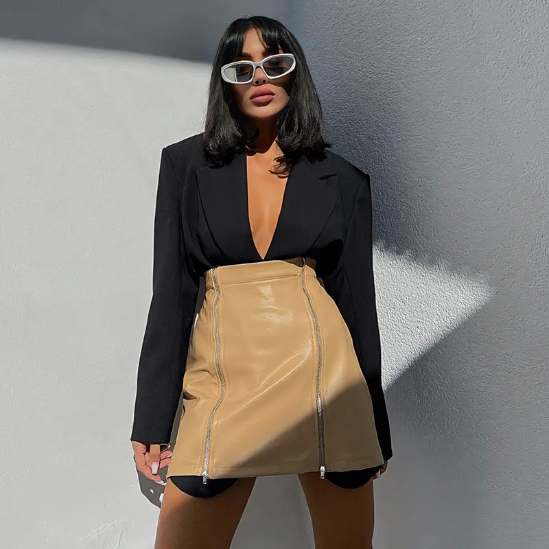 

Fashion Streetwear Sexy Faux PU Leather Mini Skirts Women Autumn Winter All-match Zippers Split High Waist A-line Skirt Female