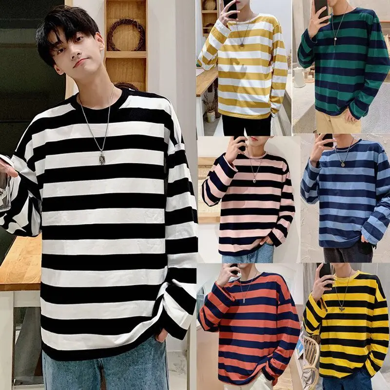 

Fashion All-match Contrasting Colors Stripe Loose Man T-shirt New High Quality Long Sleeve Streetwear Hong Kong Style Casual Top