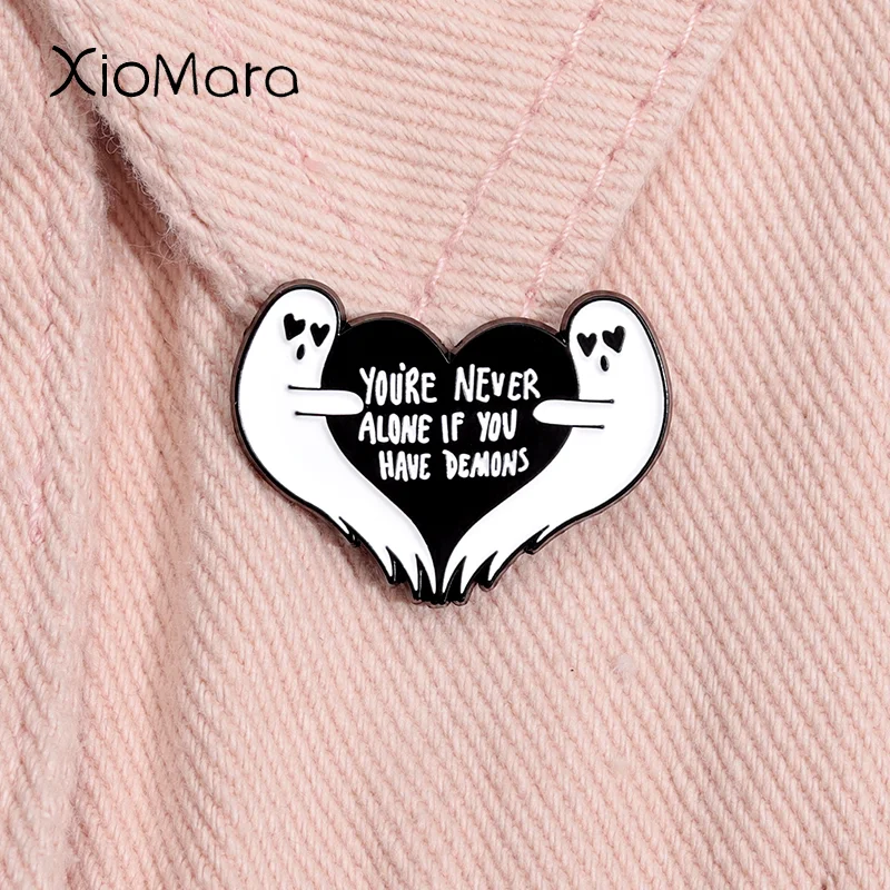 

Yours Never Aldne If You Have Demons Enamel Pin Cartoon White Ghost Holding Black Heart Brooch Lapel Badge Jewelry For Friends