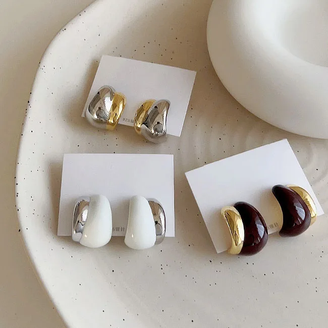 

Irregular Contrast Color Double Layers Resin Metal Gold Pierced Stud C Earrings For Women Personality Fashion Korean Ear Jewelry