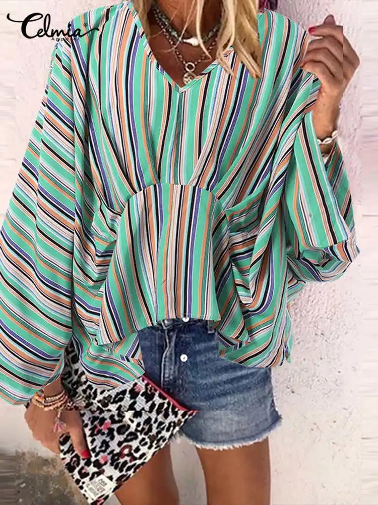

2023 модные женские блузки Celmia в цветную полоску с длинным рукавом летучая мышь плиссированная богемная рубашка Праздничная туника топ с V-об...