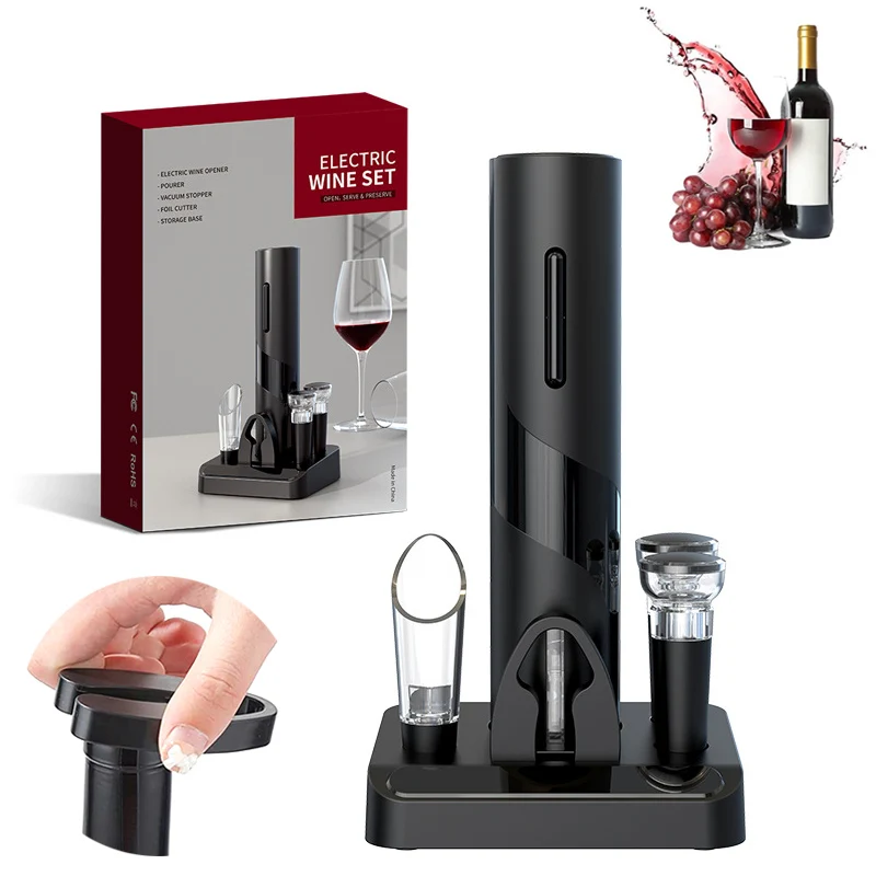 

Electric Red Wine Bottle Opener One-click Button with Foil Cutter Reusable Automatic Wine Corkscrew for Home Kitchen Party Bar