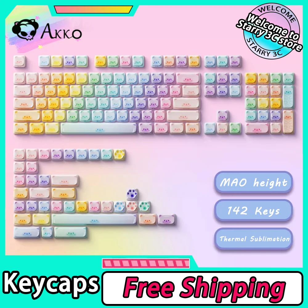 Akko Keycap Радужный кот Мао колпачки для клавиш 142 клавиши термосублимация милый