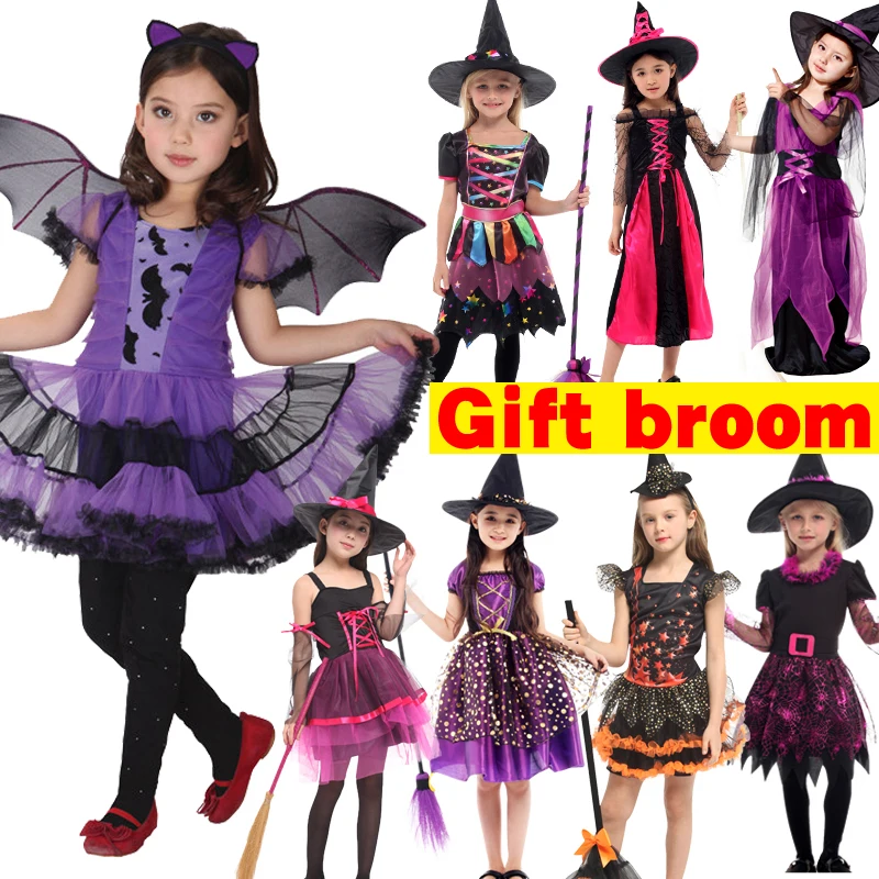 

Halloween Witch Costume With Hat Broom for Girls Role Play Cosplay Performance Dance Show For Kids Vampire Witch Dress Up