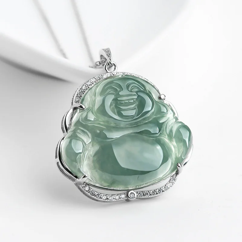 

Burmese Jade Buddha Pendant Emerald Amulets Necklace Fashion Jadeite Gift Luxury Choker Men 925 Silver Designer Natural Green