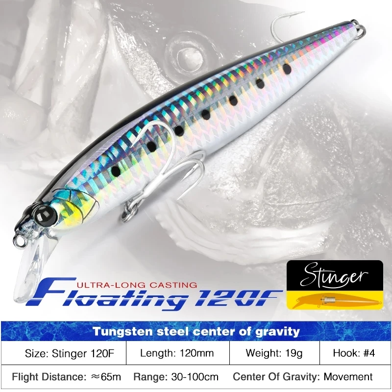 

TSURINOYA Fishing Lure 120F Ultra-long Casting Floating Saltwater Minnow STINGER 120mm 19g Tungsten Weight Artificial Sea Bait