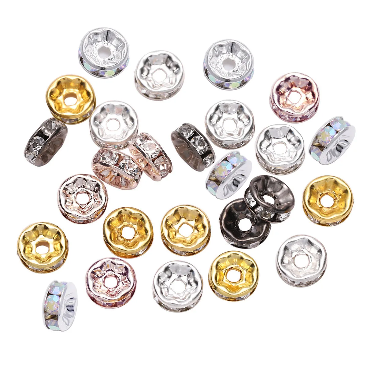 

50Pcs/Lot 4/6/8/10mm Metal Rhinestone Crystal Rondelles Bead Loose Spacer Beads for DIY Jewelry Making Bracelet Accessories