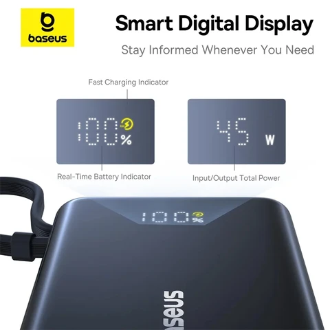 Baseus Picogo Power Bank 45 Вт, 10000 мАч, супер мини-портативный аккумулятор, интеллектуальный цифровой дисплей для iPhone 16 Pro Max Xiaomi Samsung