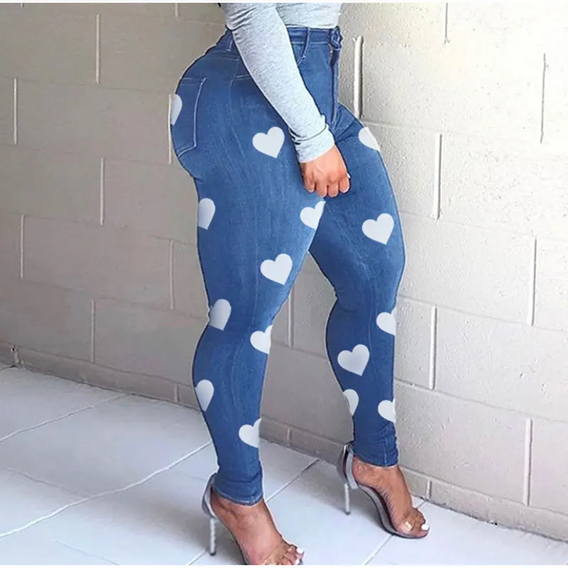 New Y2K Oversize Printed Heart Shaped Jeans Mommy 2XL Retro Street Women Women's Blue High Stretch Sexy Skinny Pencil Jeans