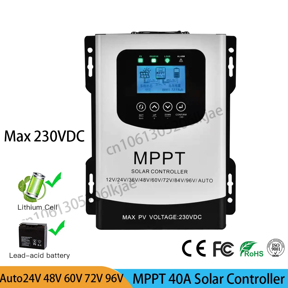 40A 12V 24V 36V 48V 60V 72V 96V MPPT Solar Charge Controller PV Charging Regulator 230VDC For Lifepo4 Lithium Lead Acid Battery