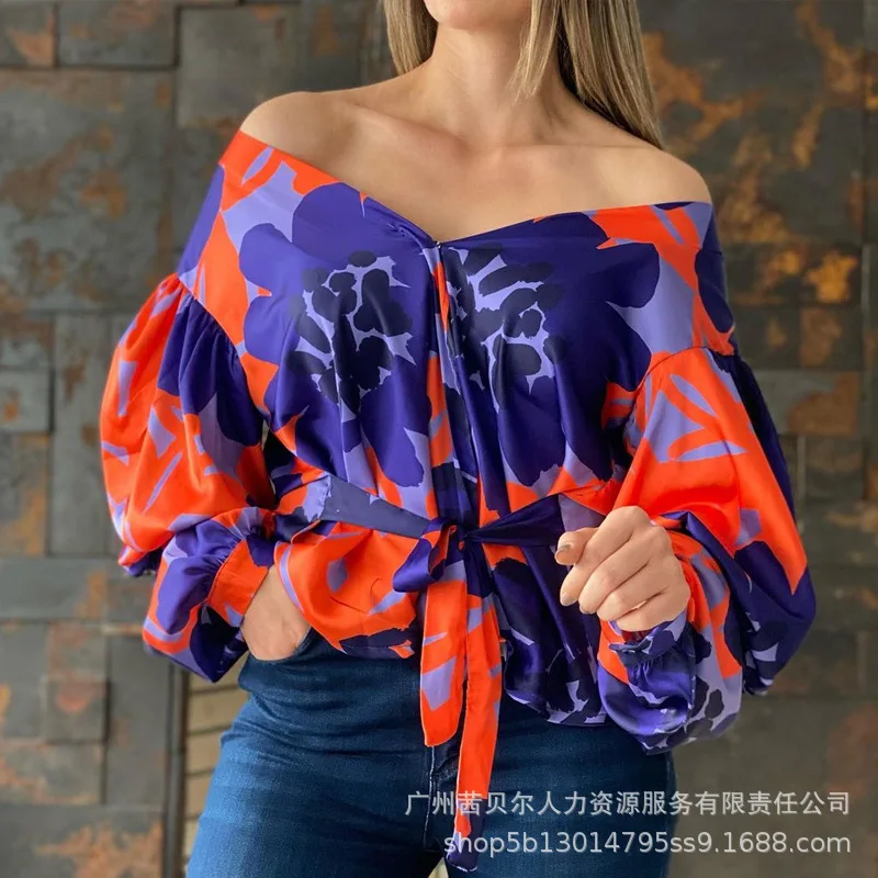 

Women's Blouse Summer Fashion Printed Loose Pullover Shirt Women's Sexy Off Shoulder Slash Neck Lantern Sleeve Lace-up Shirt