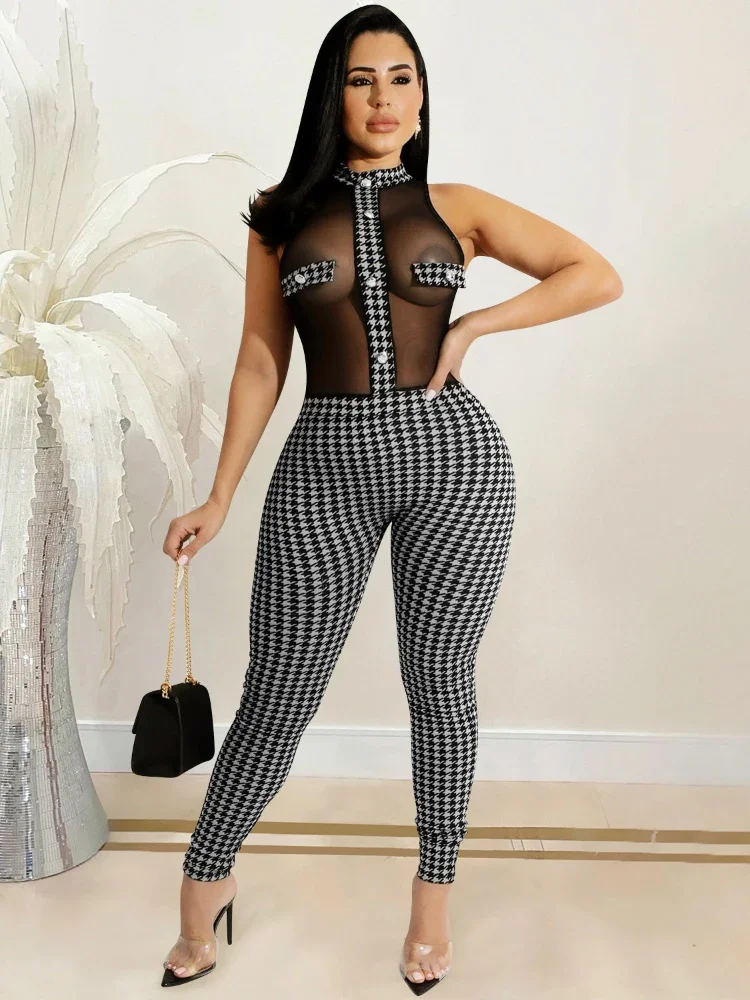 

Women's 2023 Fashion Printing Sleeveless Round Neck Mesh Perspective Panel Top and Pants Set Women's Two Piece Set