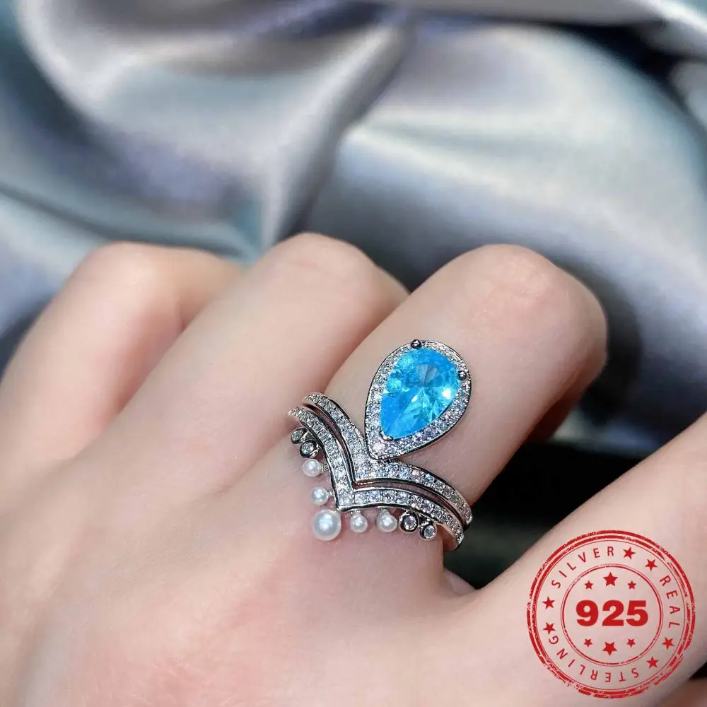 

Imitation Natural Aquamarine Crown Diamond Ring High-End Design Pearl Color Treasure Stacking Ring S925 Silver Color