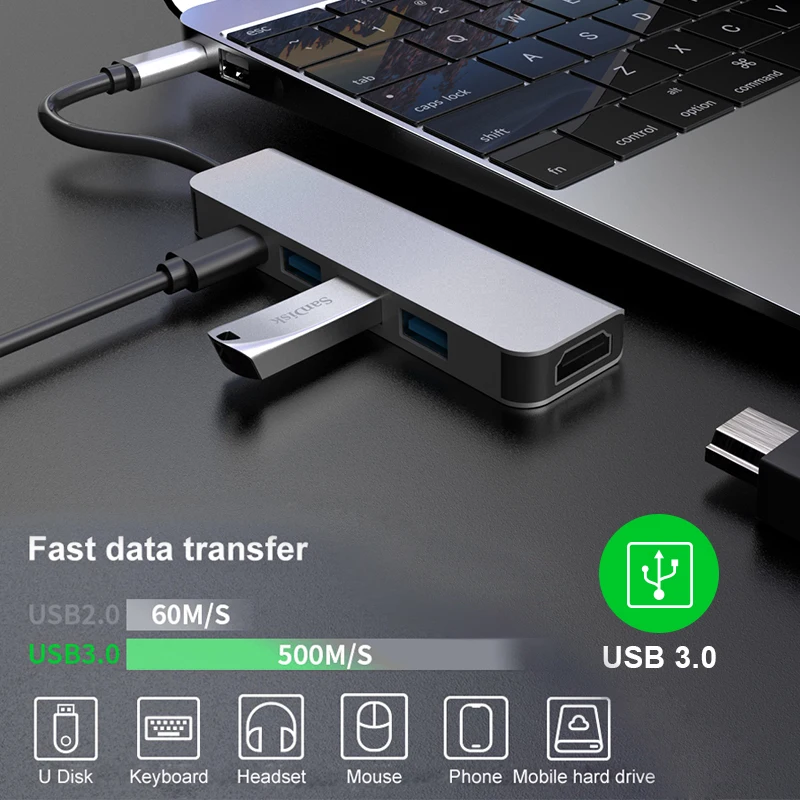 

5 в 1 Type-C 4K HD 87 Вт PD Быстрая зарядка USB3.1 док-станция для ноутбука US