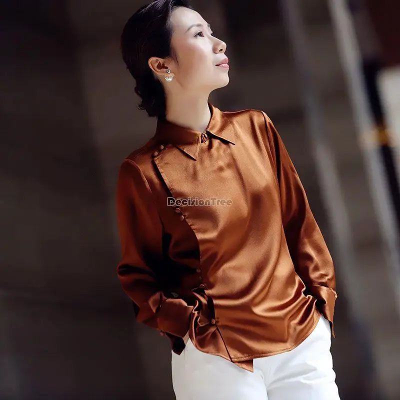 

2023 new chinese long sleeve stand collar retro style satin shirt loose elegant blouse woman chinese retro tang suit top s352