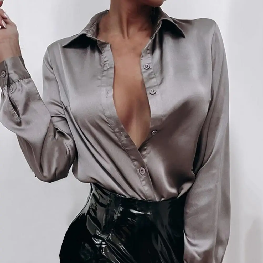 

Sexy Women Shirt Lapel Neck Breathable Loose Silky Long Sleeve Solid Colors Soft Lady Solid Colors Out Short Top for Office