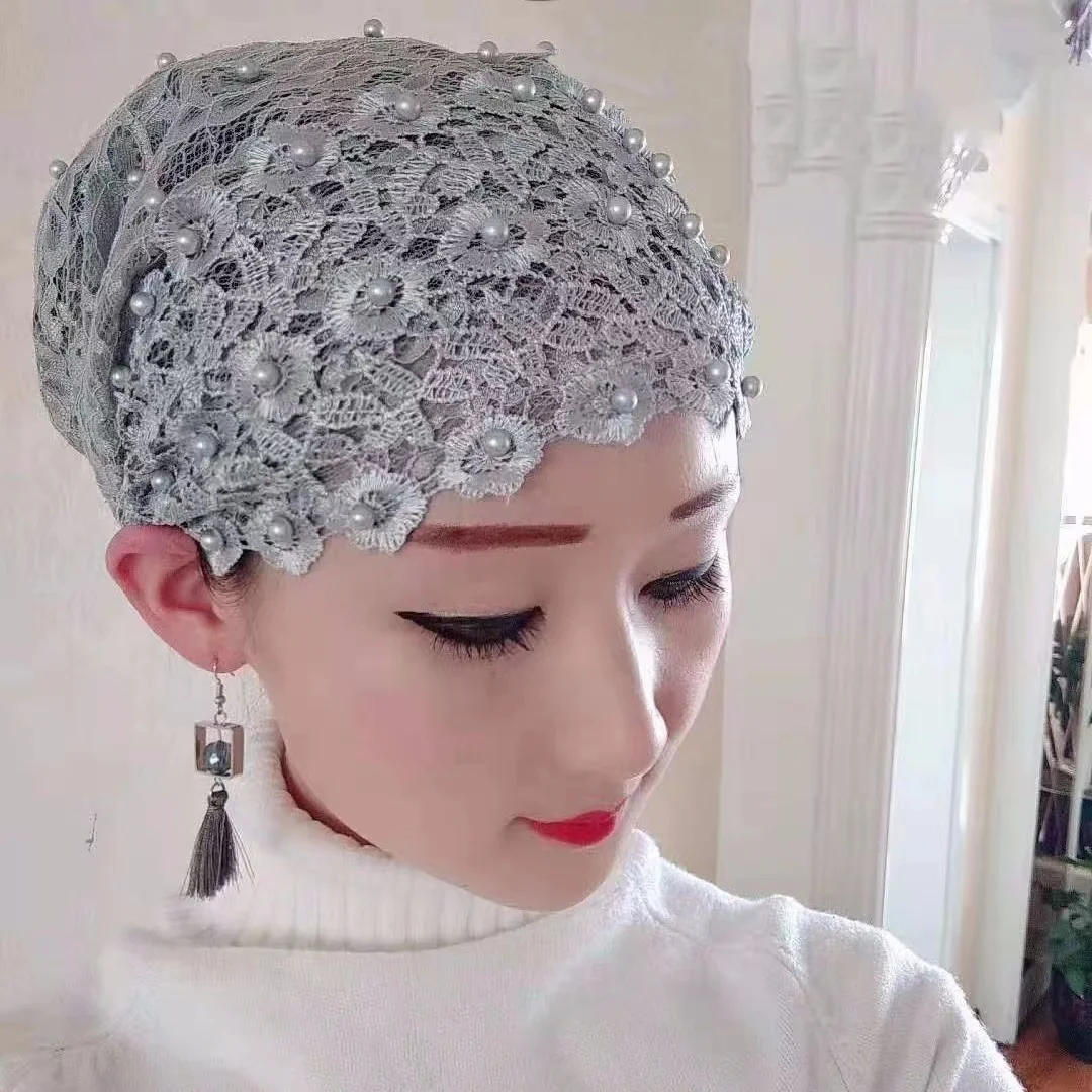 Fashion Women Beading Foral Lace Turban Cps Breathable Summer Muslim Hats Female Headscarf Bonnet Hair Loss Head Cover Caps