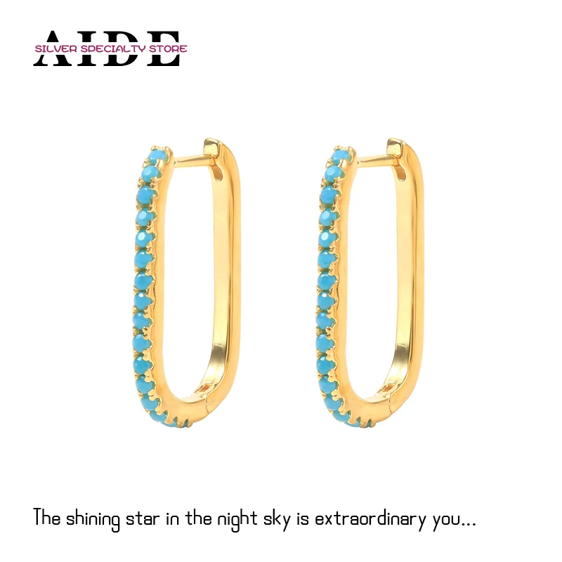 

AIDE 925 Sterling Silver Turquoise Zircon Square Ear Buckle Hoop Earrings For Women Girls Wedding Fine Jewelry Gifts Pendientes
