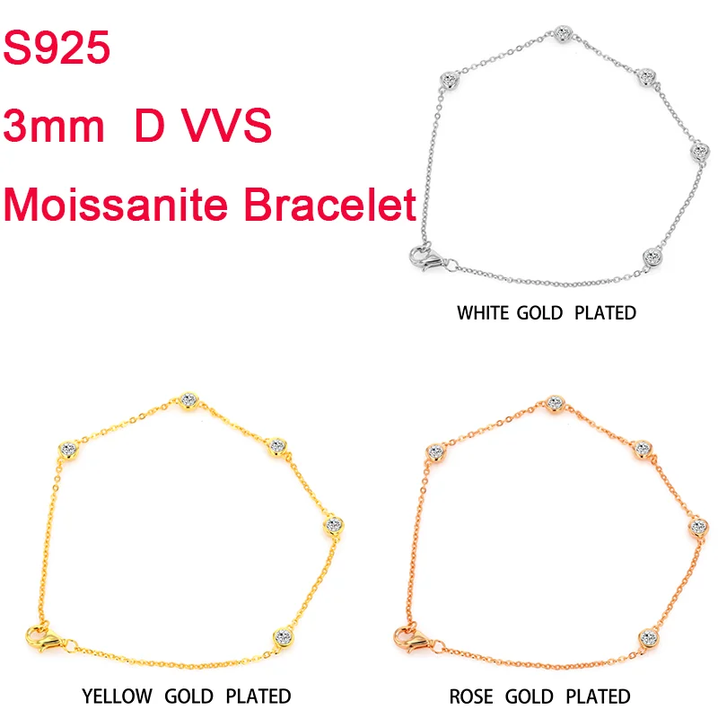 Moissanite Bracelet 3mm moissanite stone S925 White Gold  Plated Yellow Gold Plated Rose gold plated Bracelet