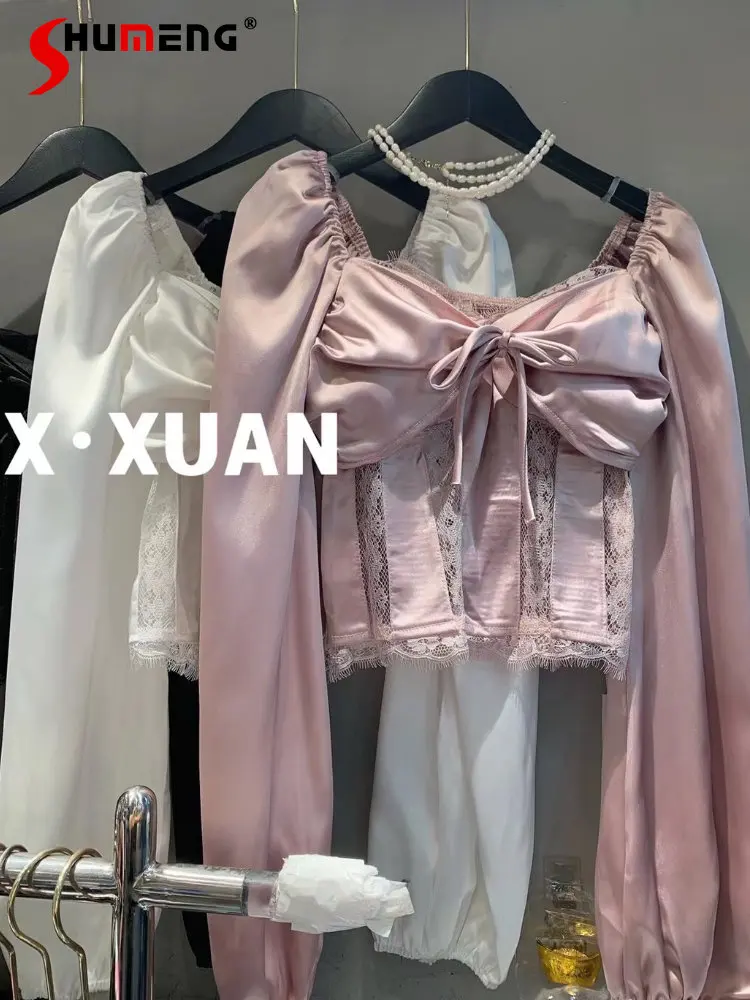 

Элегантная женская блузка с квадратным вырезом, новинка весны 2023, розовый топ в японском стиле с высококачественным кружевом и шитьем, Женс...