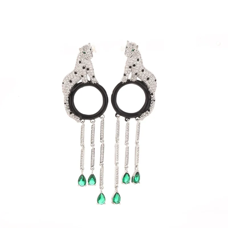 

2022 Hot Sale S925 Silver Needle Leopard Circle Water Drop Green Zircon EARRING FOR WOMAN Long Tassel Earrings BZ002
