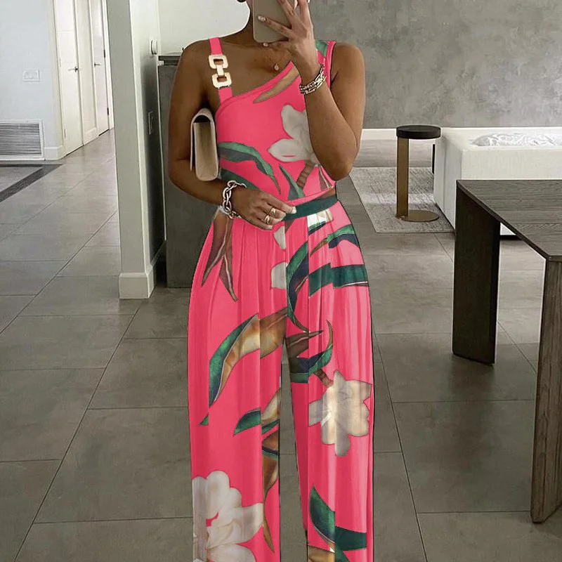 

Elegant Off Shoulder Sleeveless Sling Romper Women Fashion Metal Button Waist Long Jumpsuit Vintage Print Wide Legger Playsuits